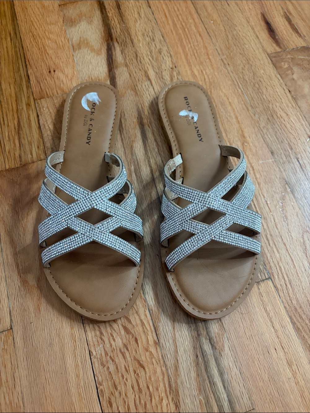 Rock & Candy Silver Crystal Crisscross Slide Sandals - Women